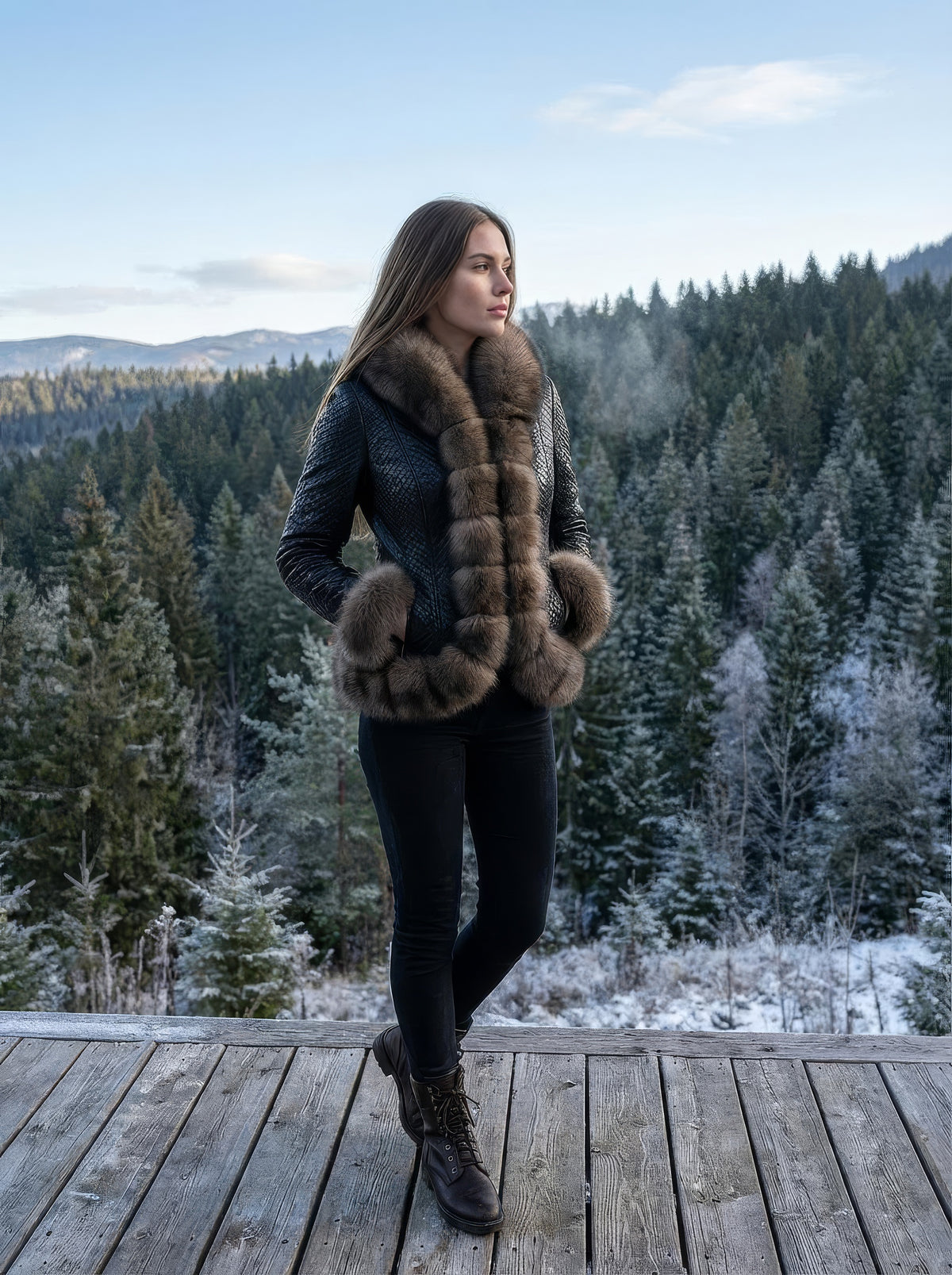 Obsidian Woven Leather & Sable Fox Jacket