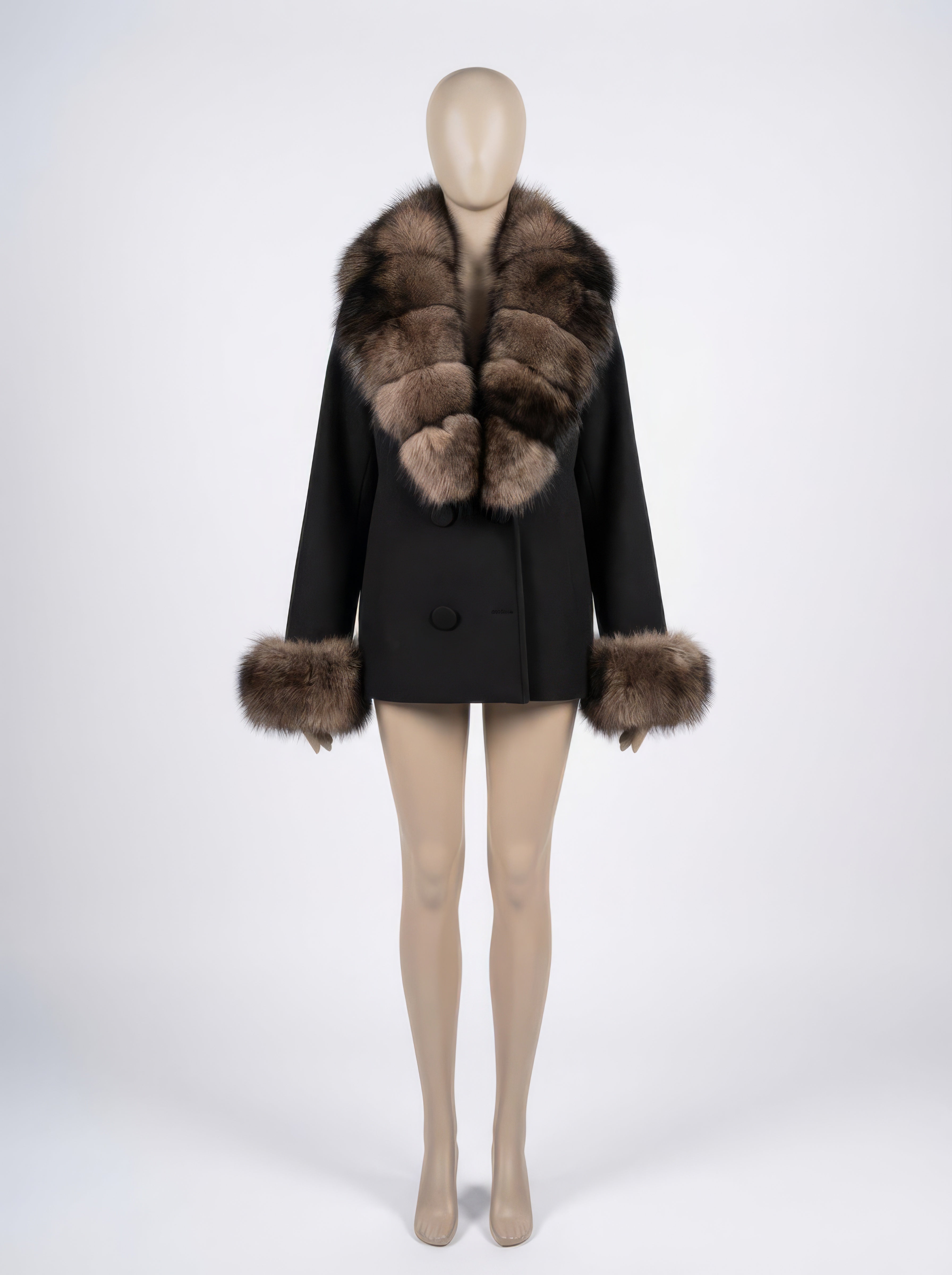 Black Cashmere & Sable-Tone Fox – Luxury Pea Coat