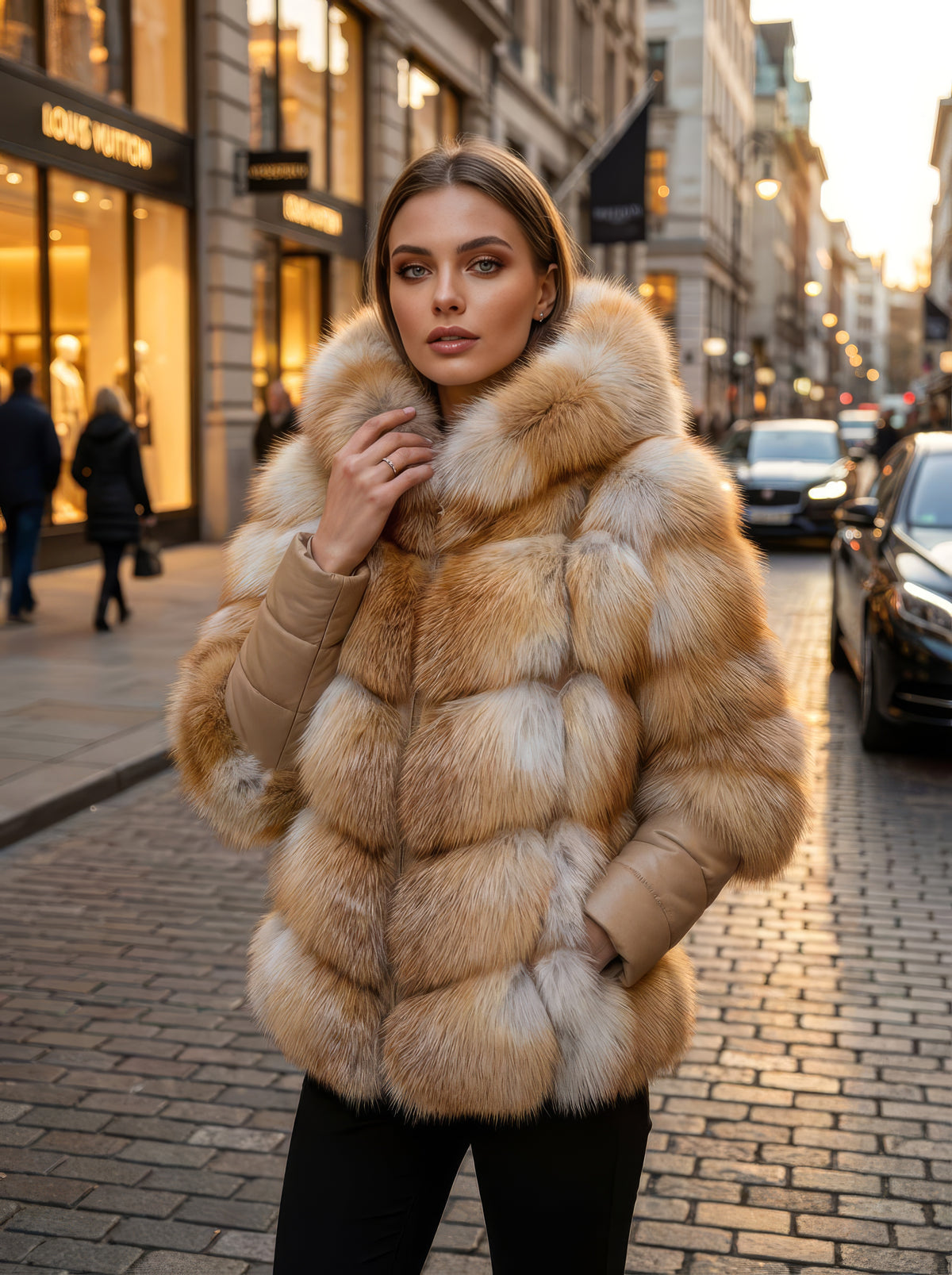 Aurora – Frosted Fox & Leather Hooded Coat
