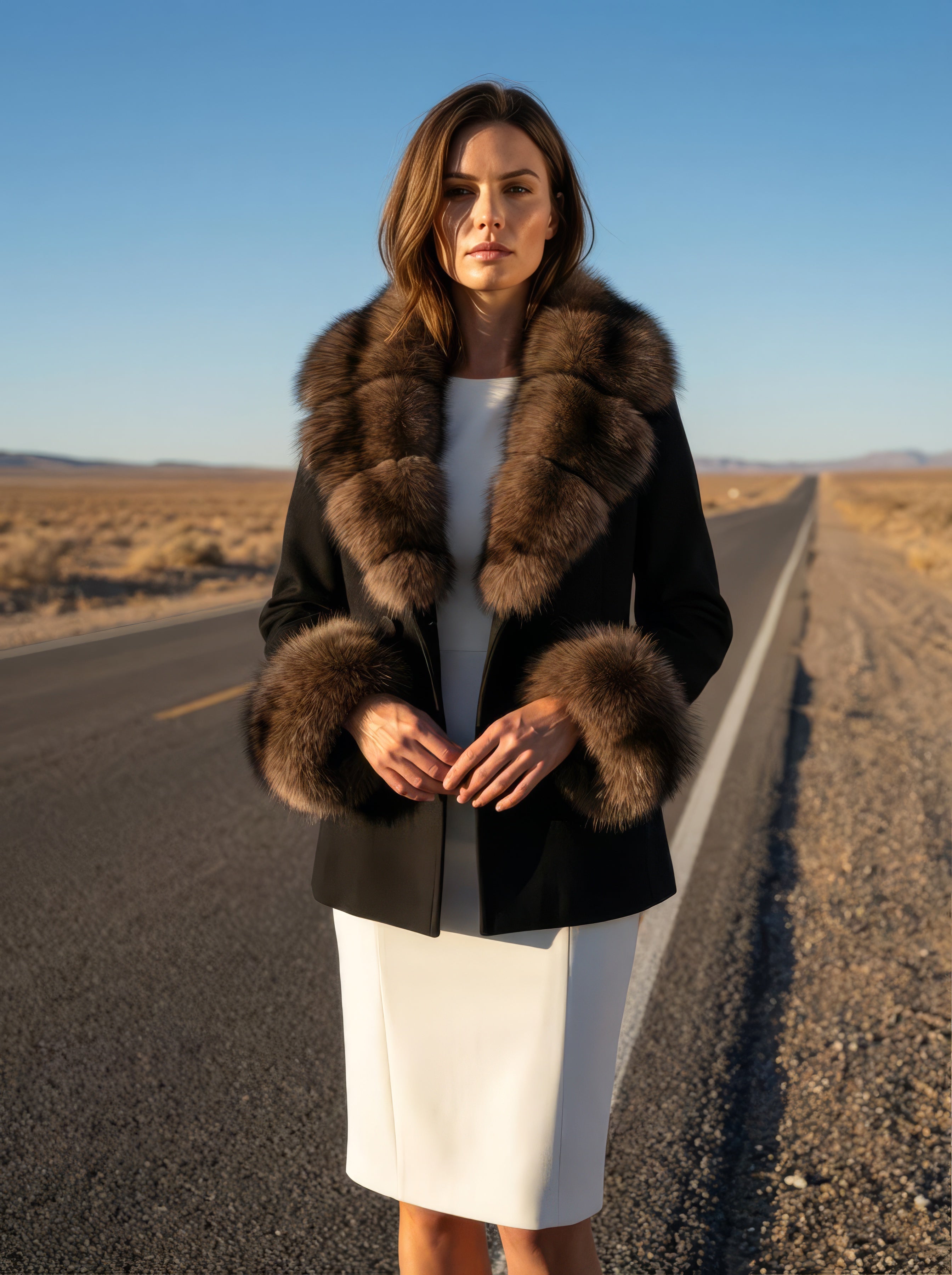 Black Cashmere & Sable-Tone Fox – Luxury Pea Coat