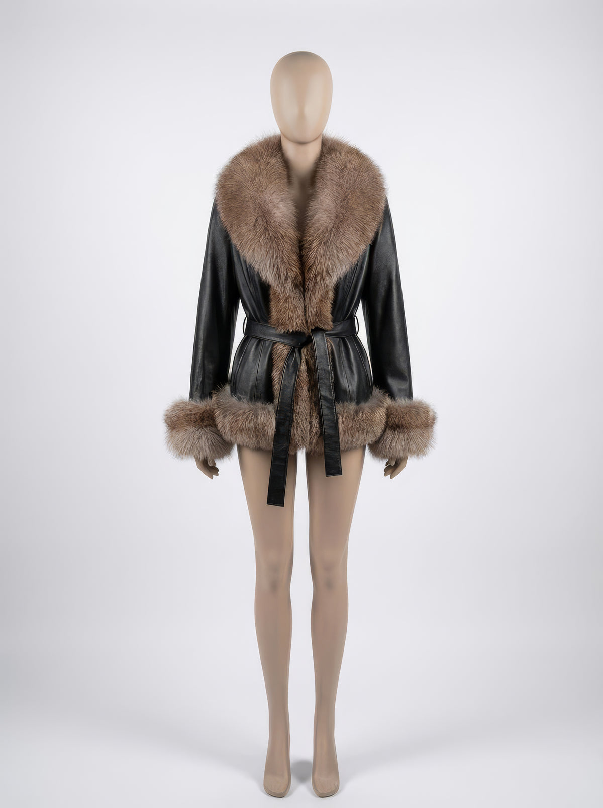 The Empress – Black Lamb Leather & Silver Fox Belted Coat